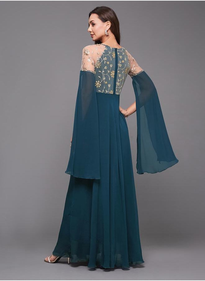 Teal Lace A-Line Maxi Party Dress