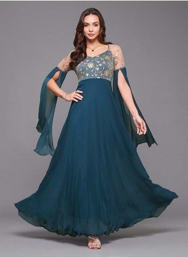 Teal Lace A-Line Maxi Party Dress