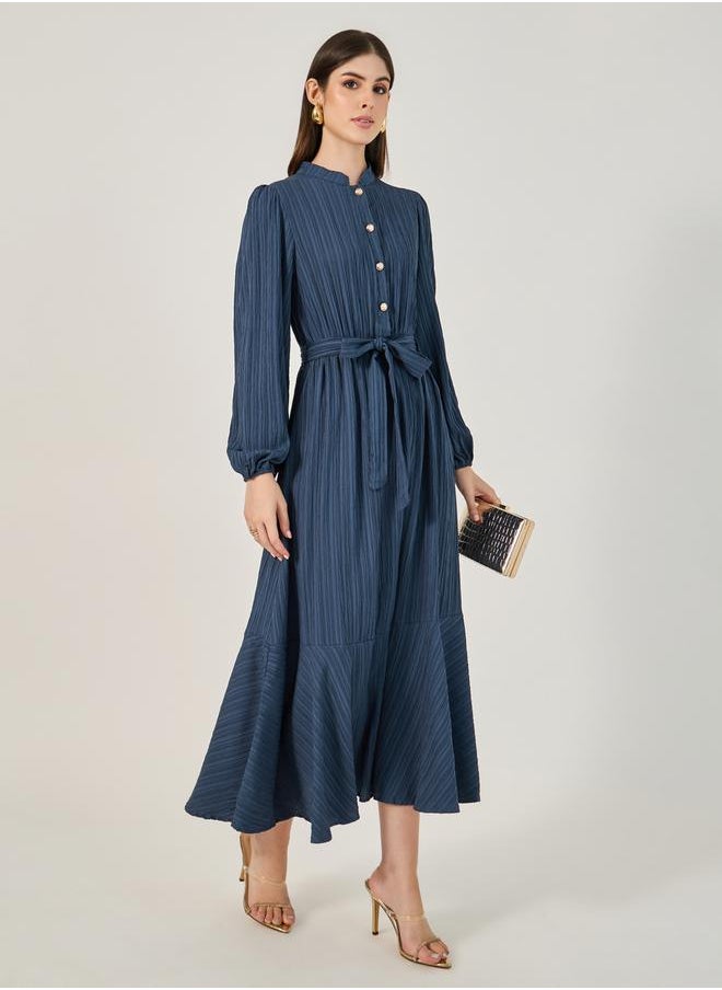 Textured Cuffed Sleeves A-Line Maxi Dress