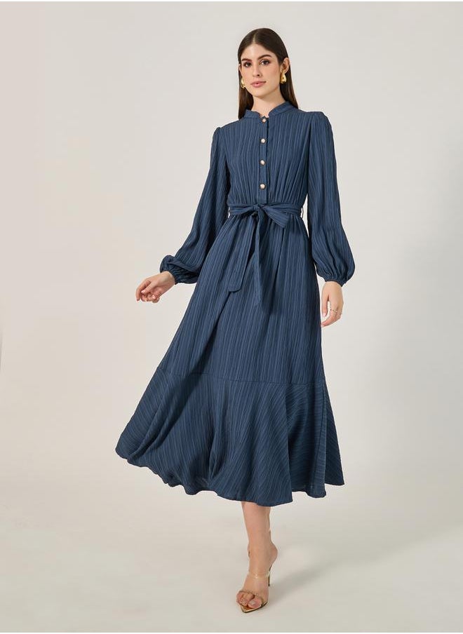 Textured Cuffed Sleeves A-Line Maxi Dress