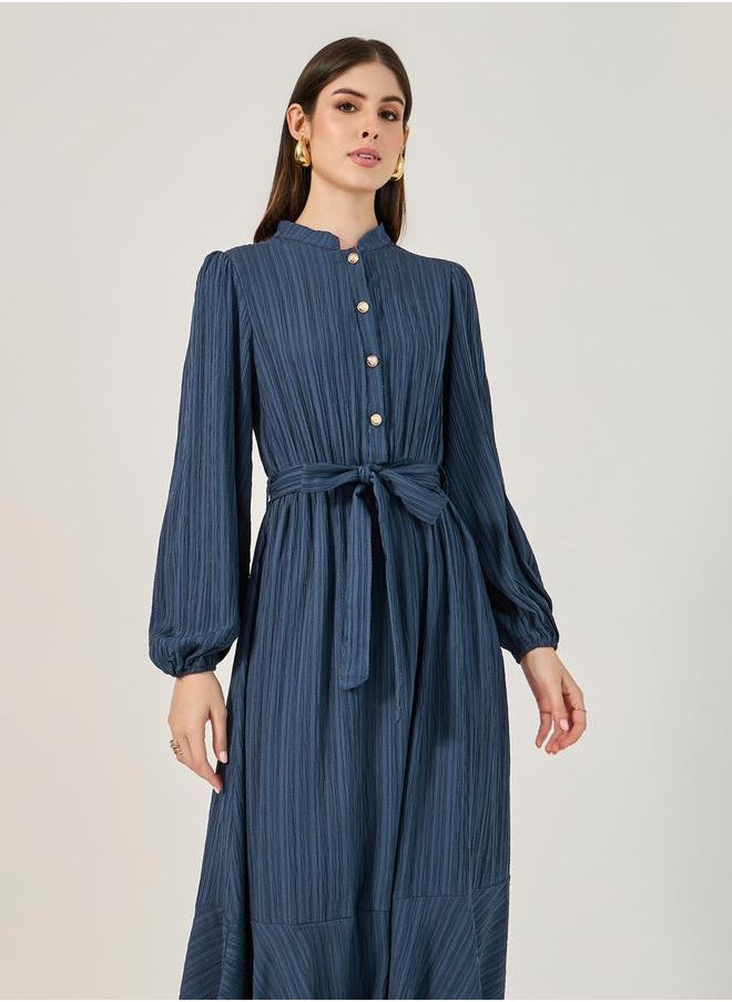 Textured Cuffed Sleeves A-Line Maxi Dress