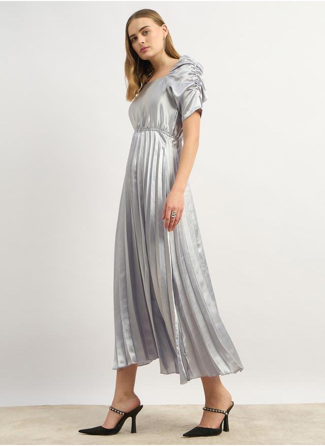 Solid Ruched Sleeve Pleated Maxi Dress