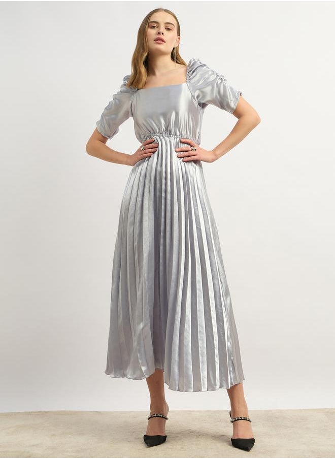 Solid Ruched Sleeve Pleated Maxi Dress