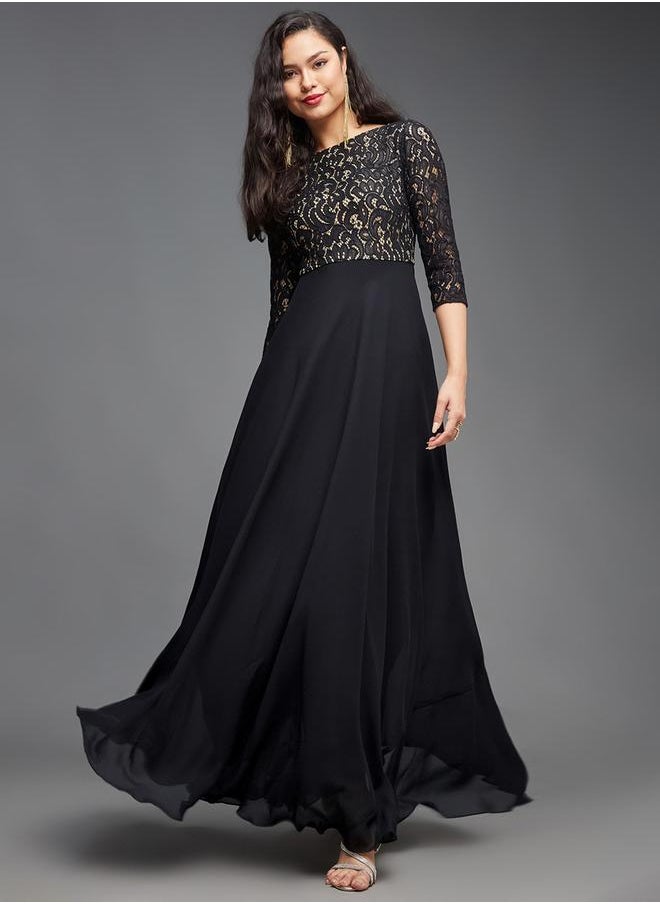 Lace Overlaid Boat Neck Maxi Dress