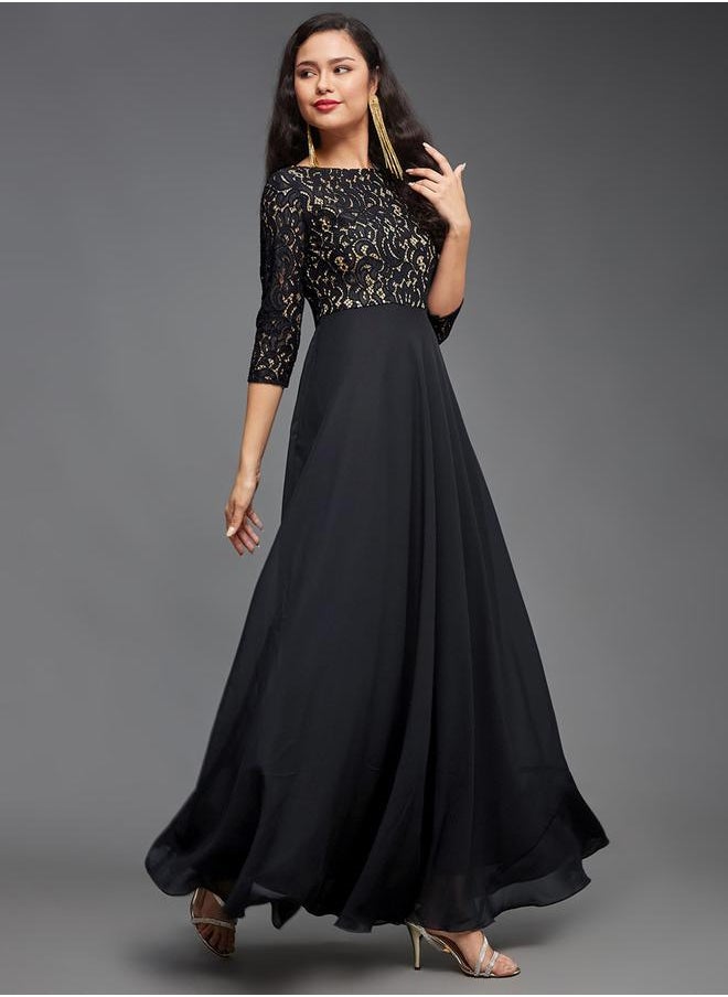 Lace Overlaid Boat Neck Maxi Dress