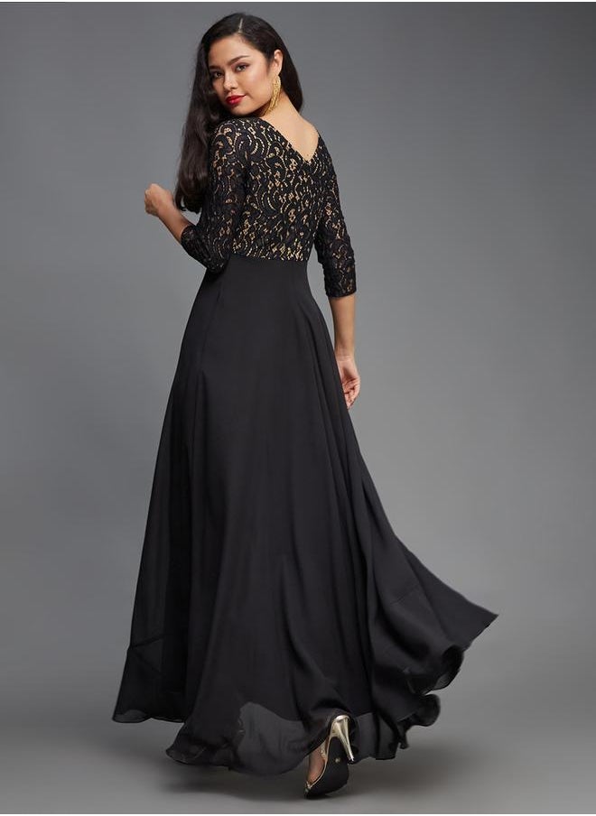 Lace Overlaid Boat Neck Maxi Dress