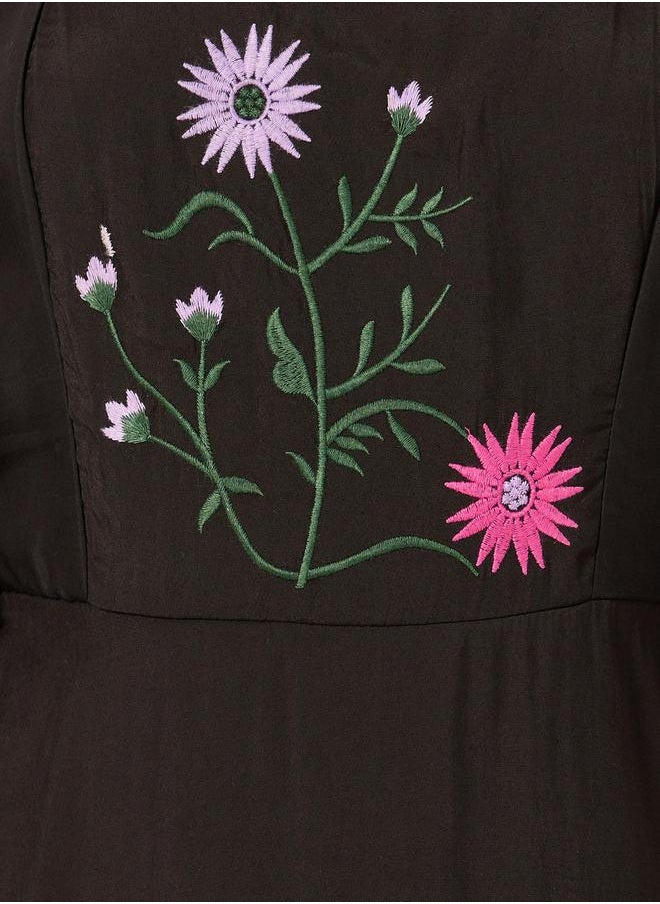 Embroidered Elbow Sleeves Tiered Maxi Dress