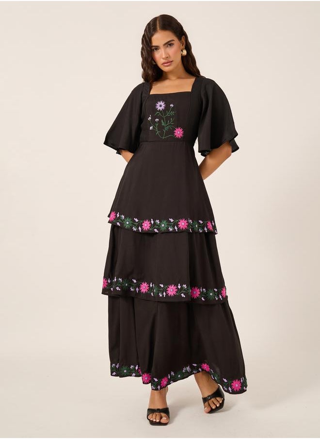 Embroidered Elbow Sleeves Tiered Maxi Dress