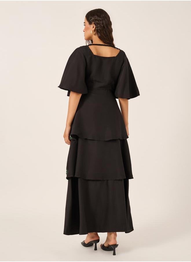 Embroidered Elbow Sleeves Tiered Maxi Dress