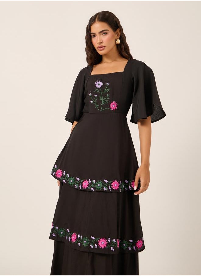Embroidered Elbow Sleeves Tiered Maxi Dress