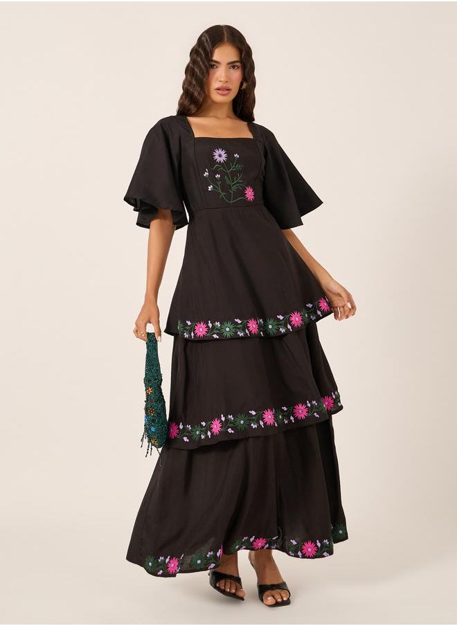 Embroidered Elbow Sleeves Tiered Maxi Dress