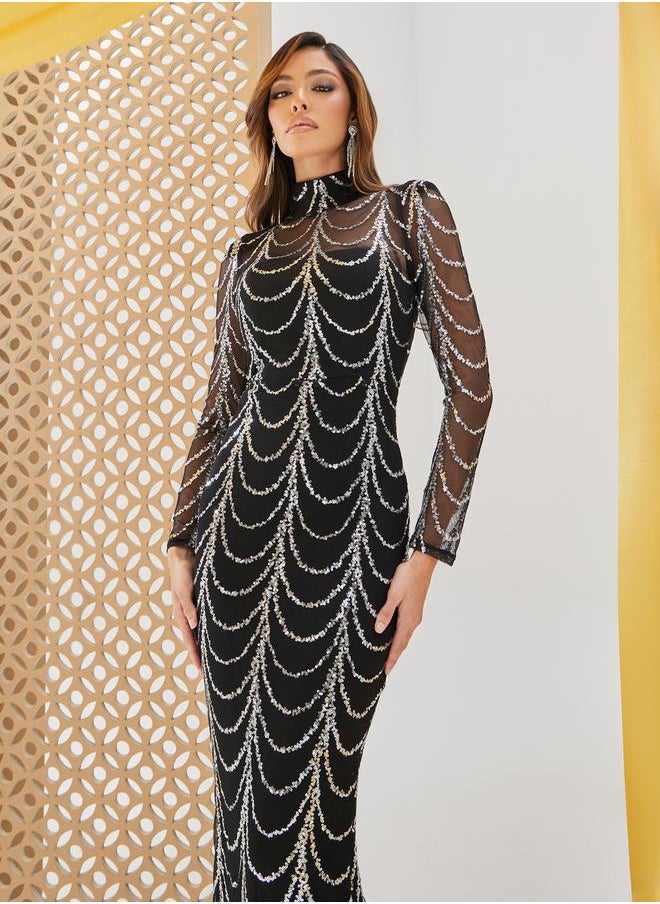 Sequined Long Sleeves Bodycon Maxi Dress