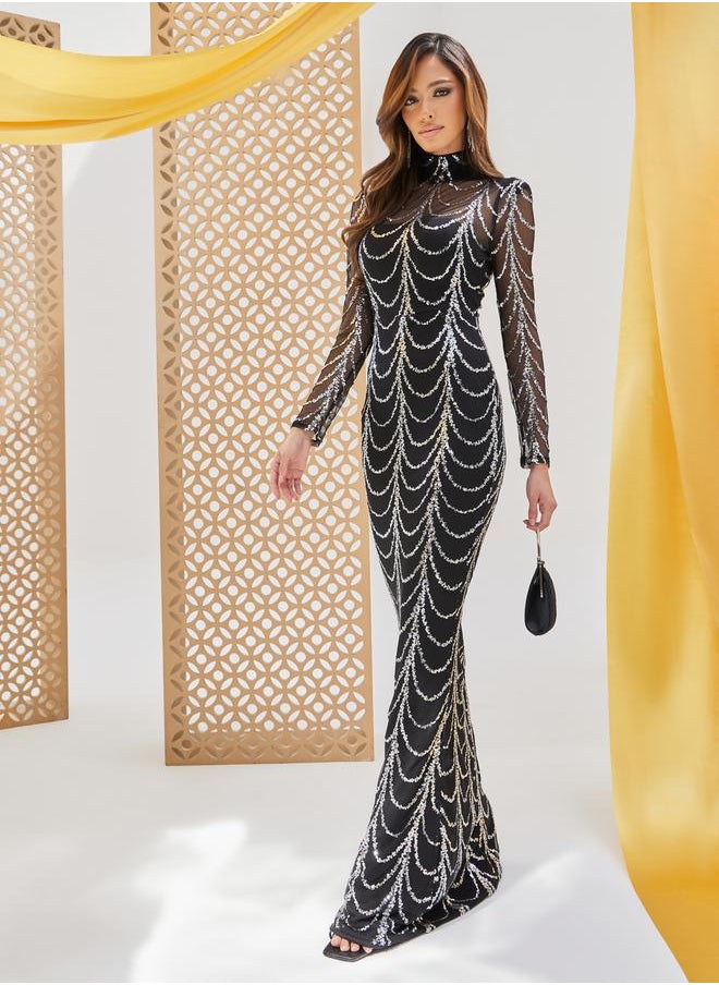 Sequined Long Sleeves Bodycon Maxi Dress