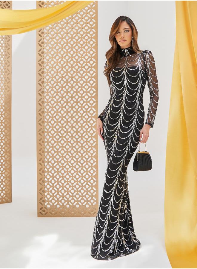 Sequined Long Sleeves Bodycon Maxi Dress