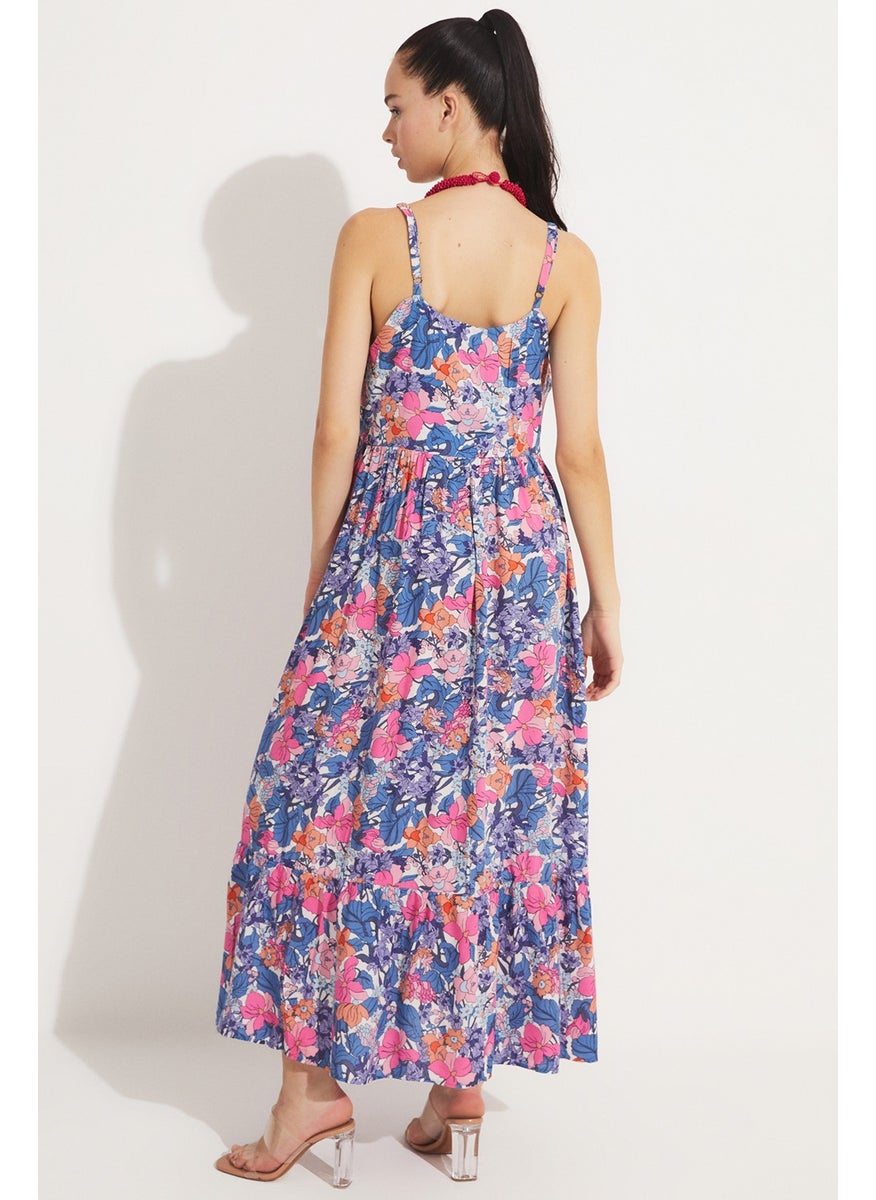 Floral Patterned Strap Viscose Dress