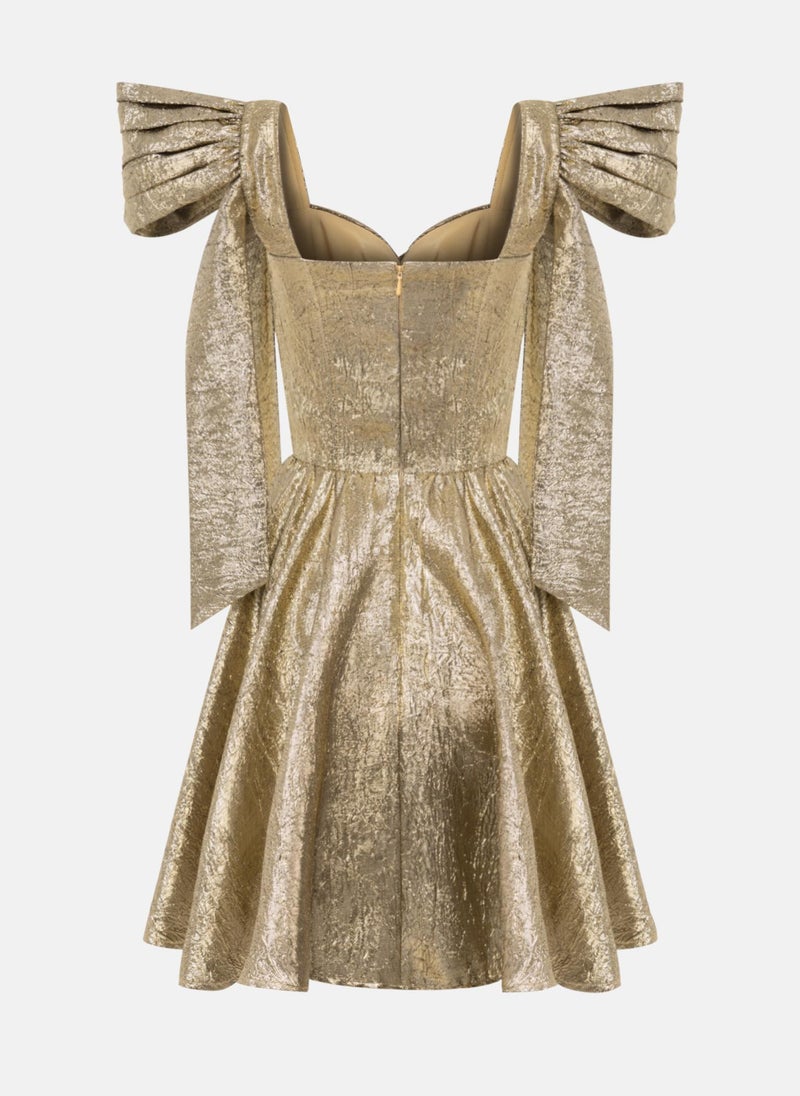 Puffy mini dress in metallic fabric with accent shoulders