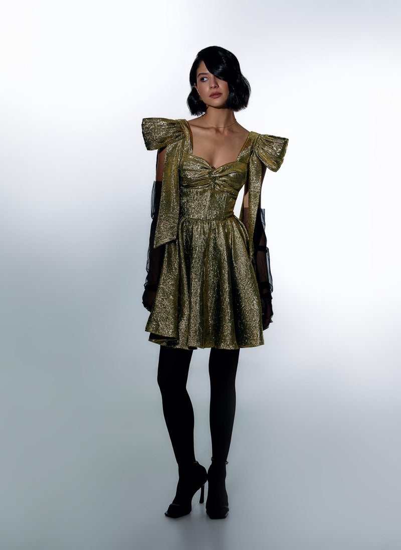 Puffy mini dress in metallic fabric with accent shoulders