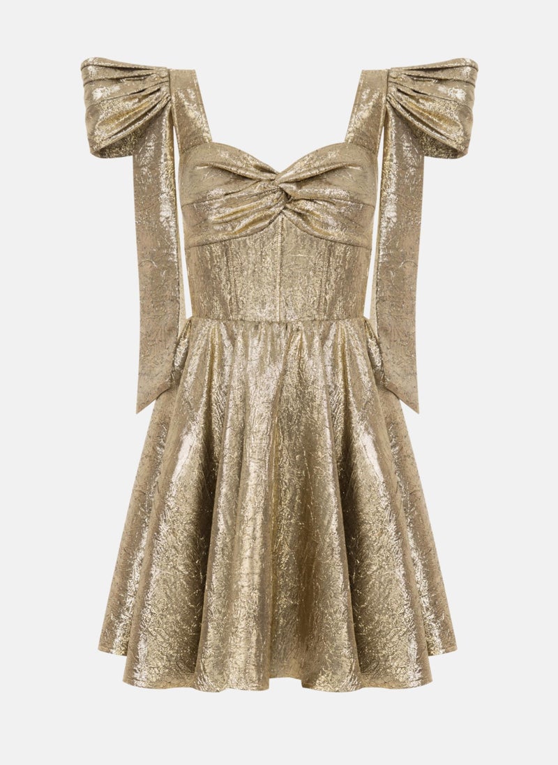 Puffy mini dress in metallic fabric with accent shoulders