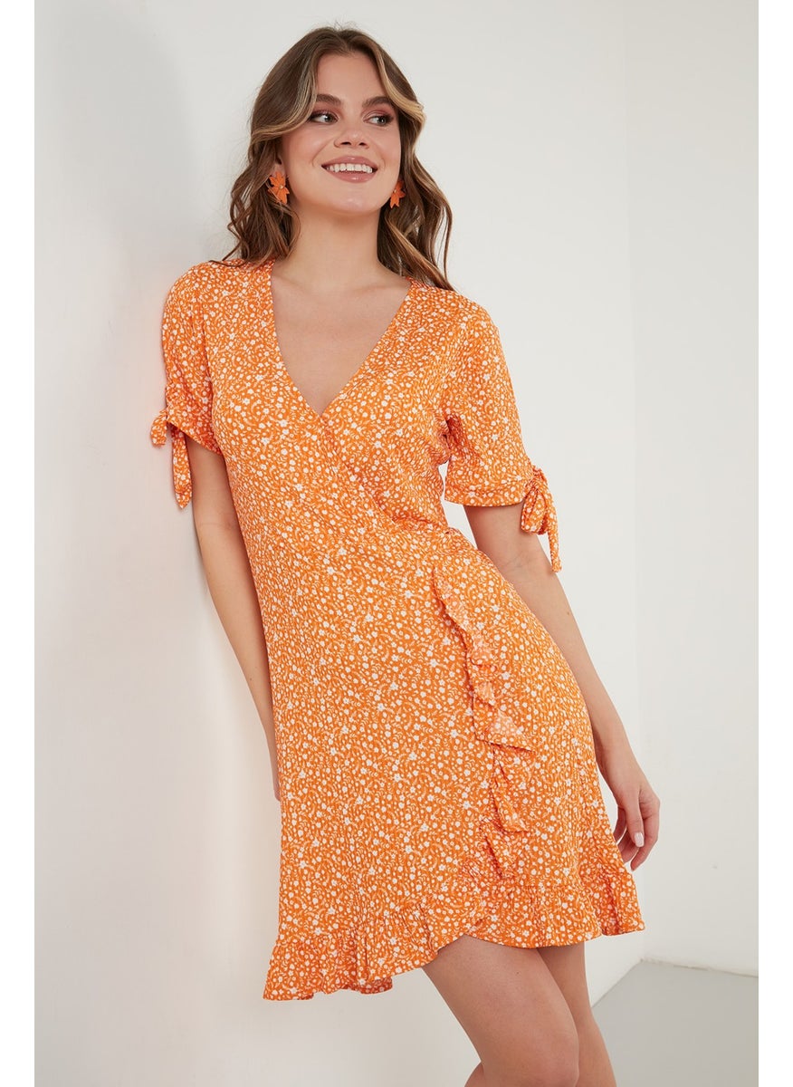 Floral Double Breasted Collar Ruffle Detailed Mini Dress Women's Dress 5863719