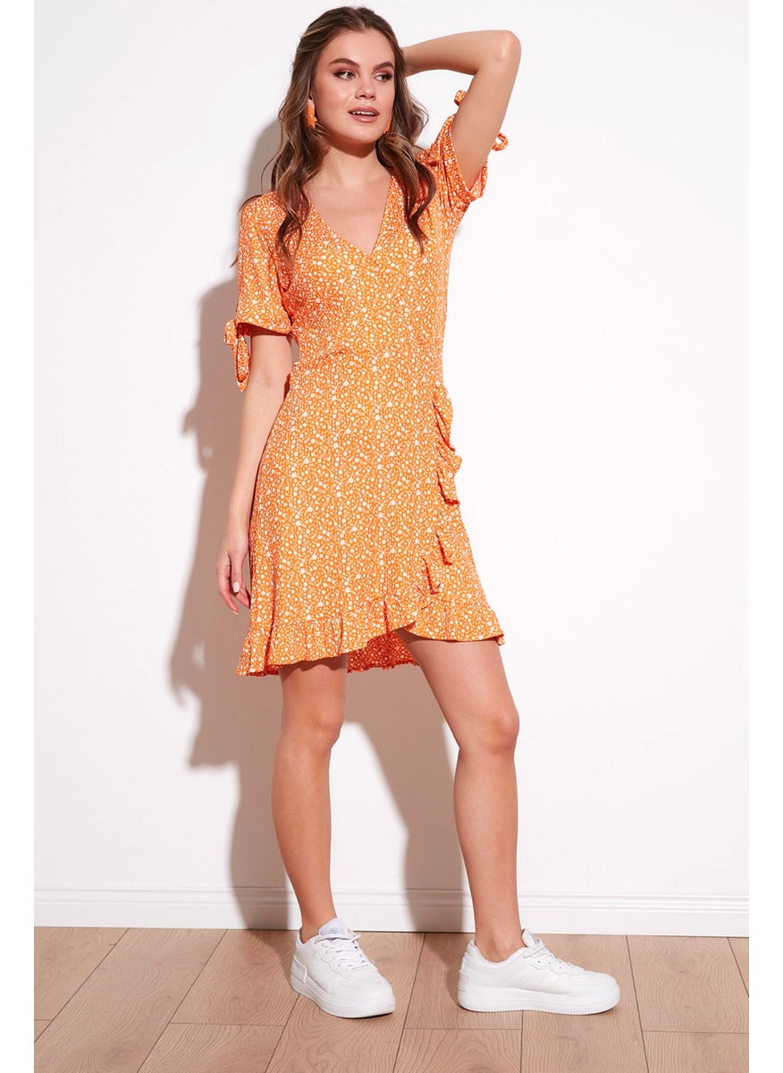 Floral Double Breasted Collar Ruffle Detailed Mini Dress Women's Dress 5863719