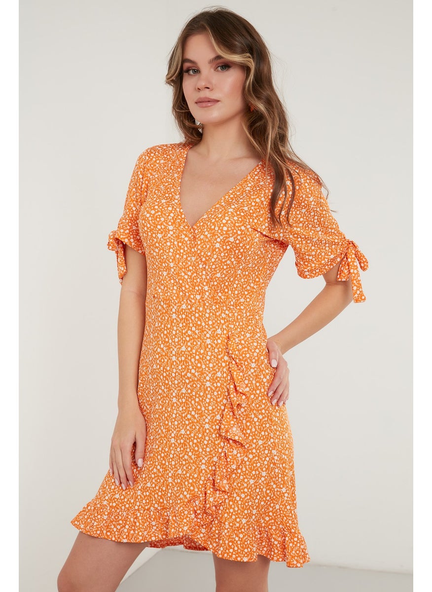 Floral Double Breasted Collar Ruffle Detailed Mini Dress Women's Dress 5863719