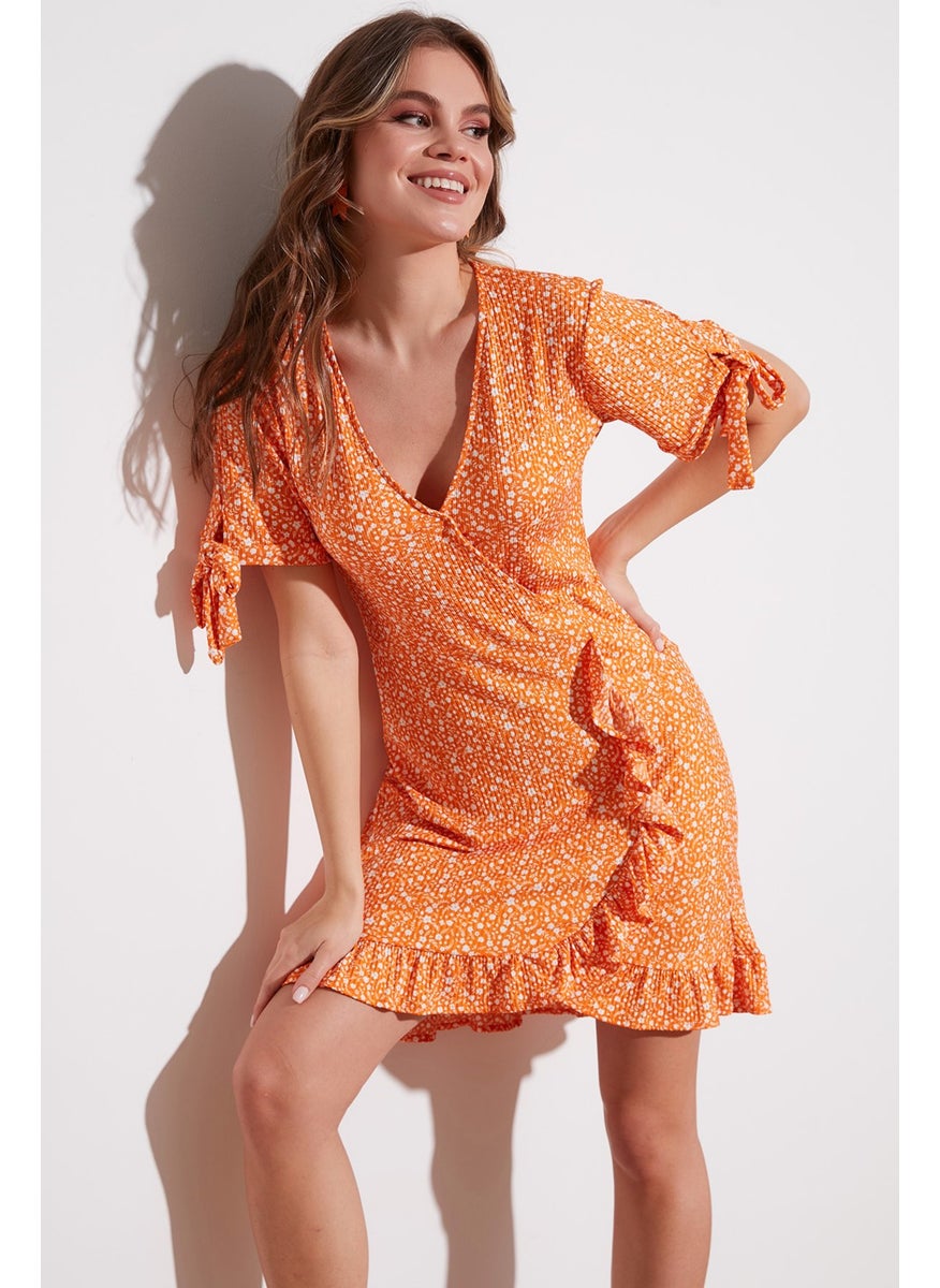 Floral Double Breasted Collar Ruffle Detailed Mini Dress Women's Dress 5863719