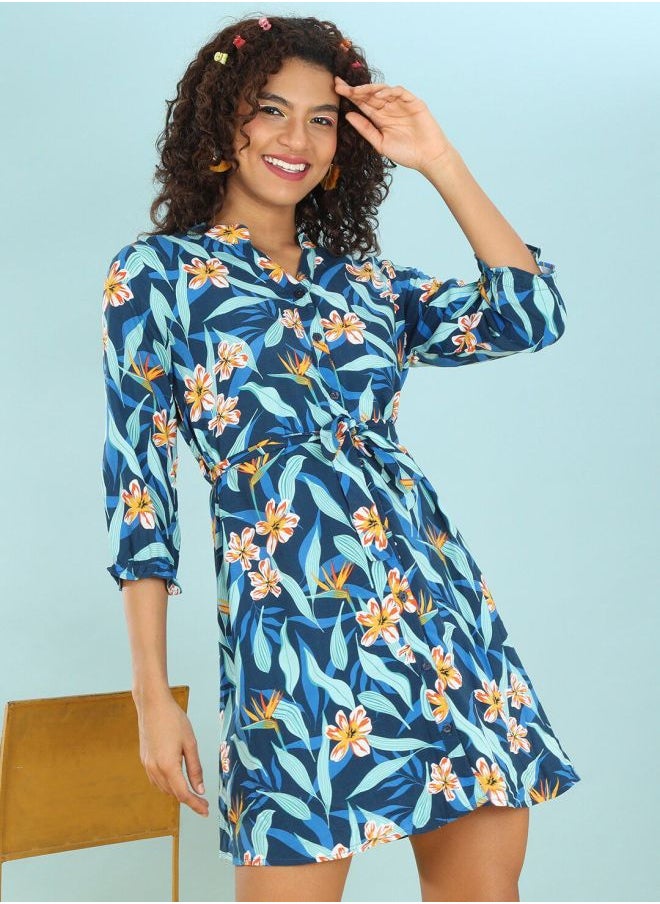 Women A-Line Casual Tropical Print Dress