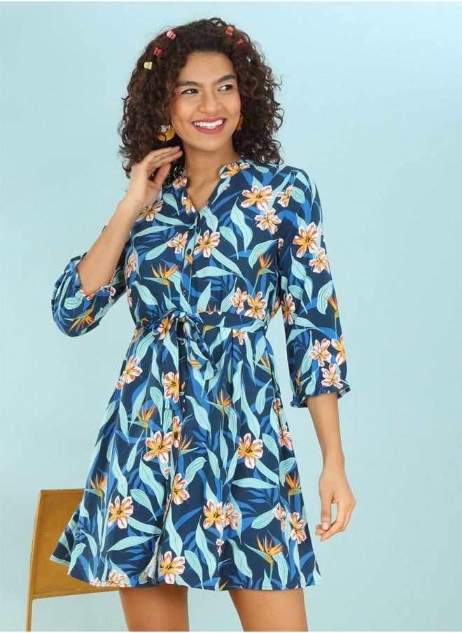 Women A-Line Casual Tropical Print Dress