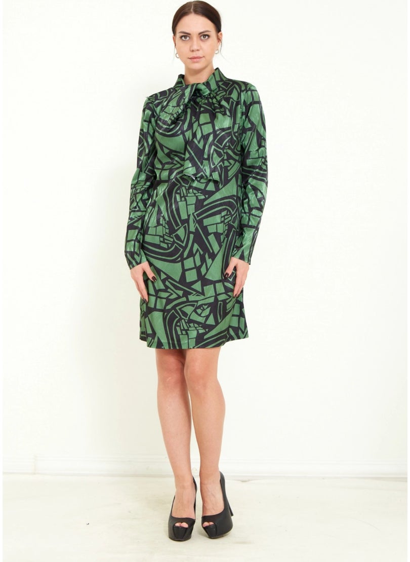 Women's Digital Pattern Print Detail Belted Shawl Collar Stylish Mini Dress