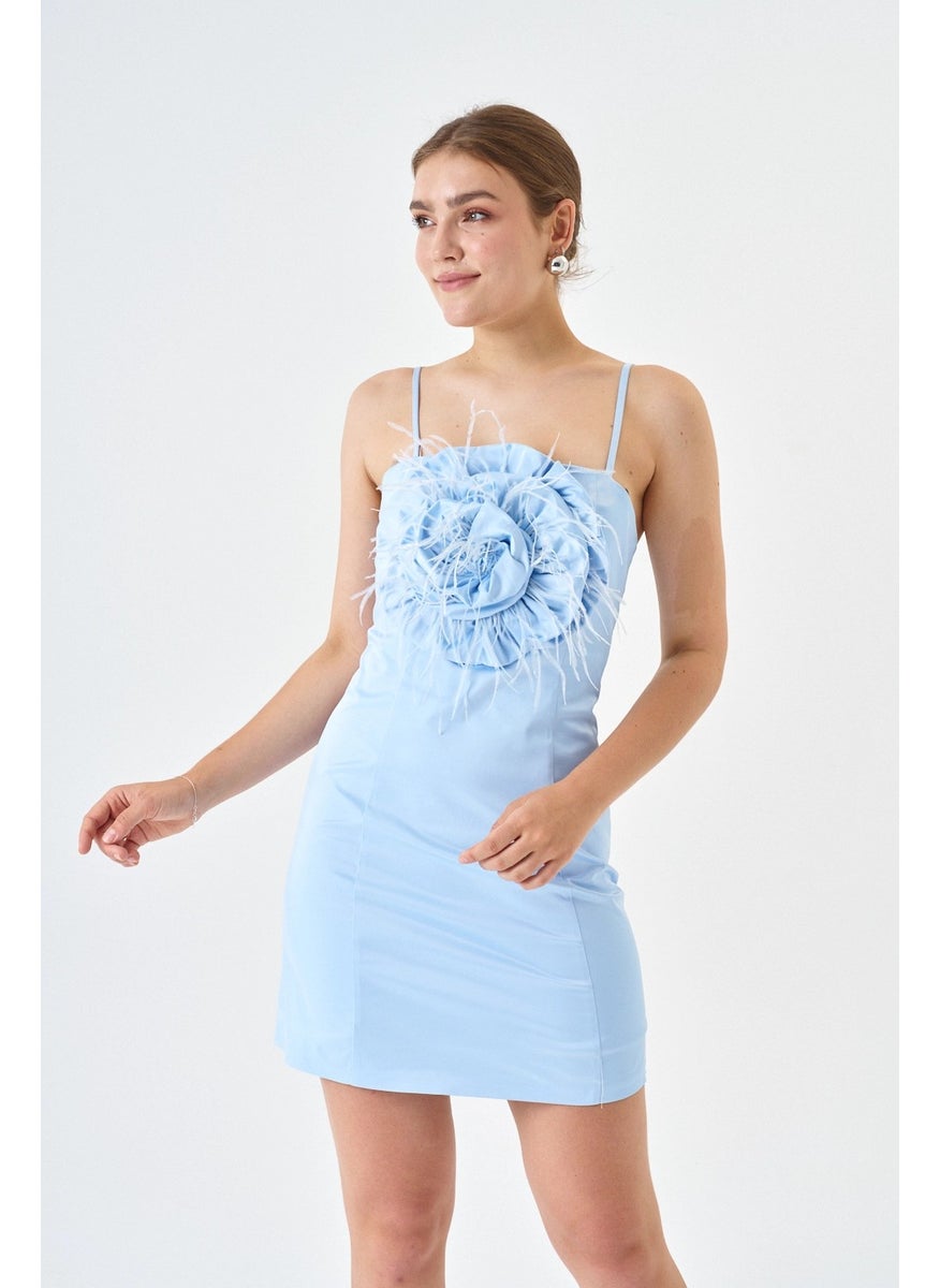 Cotton Satin Fabric Mini Length Rose Detailed Strap Evening Dress