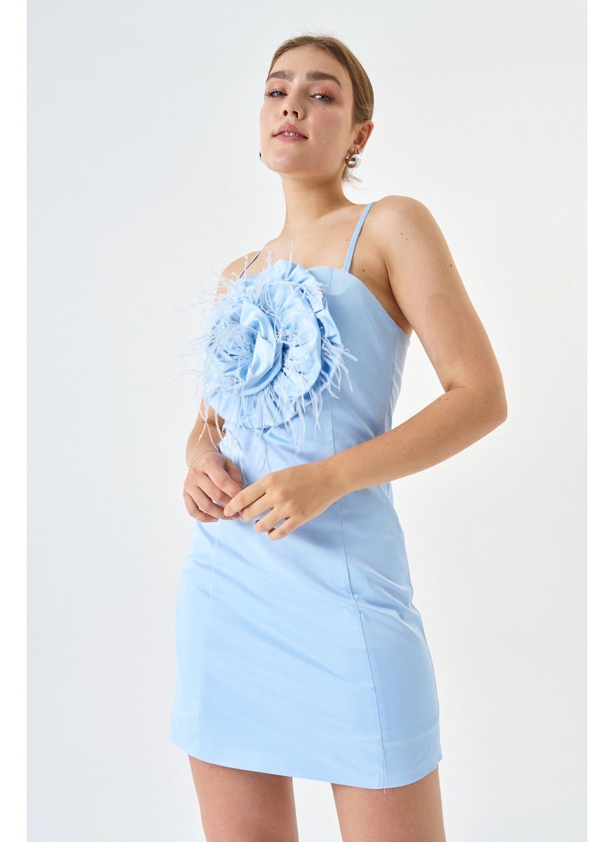 Cotton Satin Fabric Mini Length Rose Detailed Strap Evening Dress