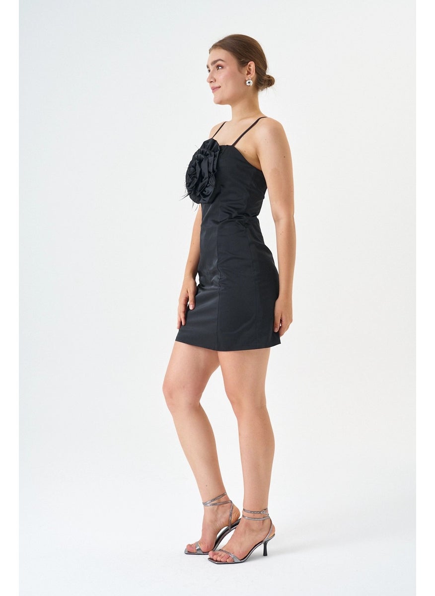 Cotton Satin Fabric Mini Length Rose Detailed Strap Evening Dress