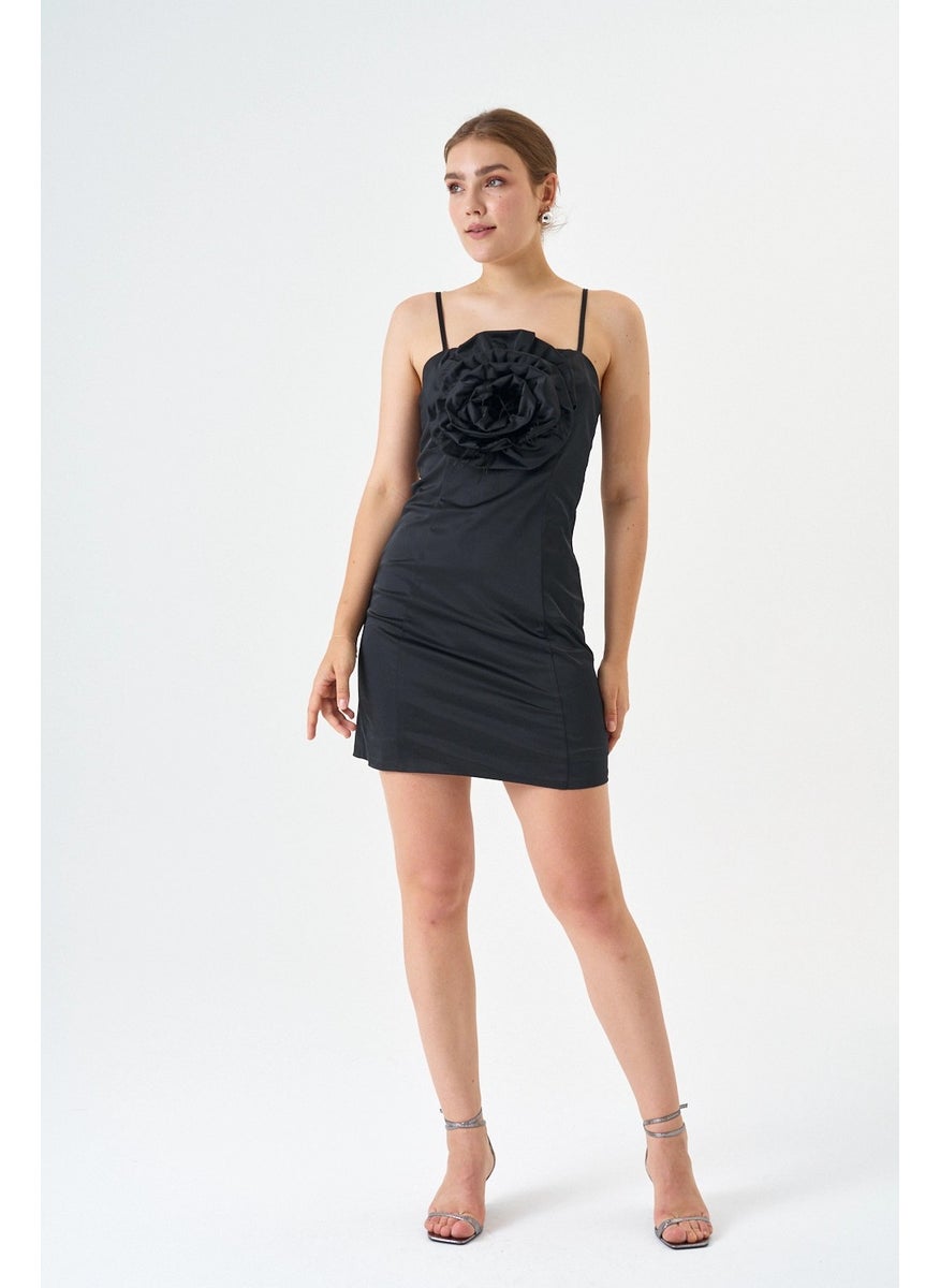 Cotton Satin Fabric Mini Length Rose Detailed Strap Evening Dress
