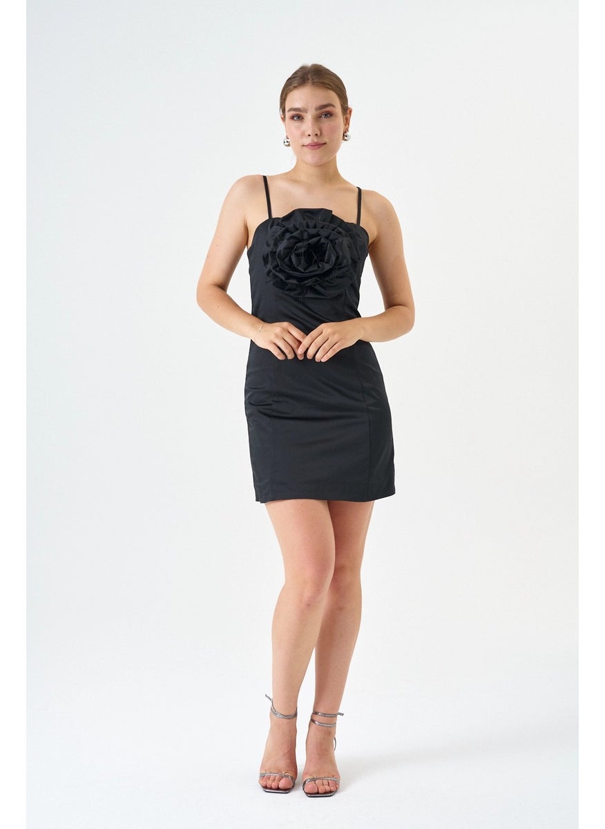 Cotton Satin Fabric Mini Length Rose Detailed Strap Evening Dress