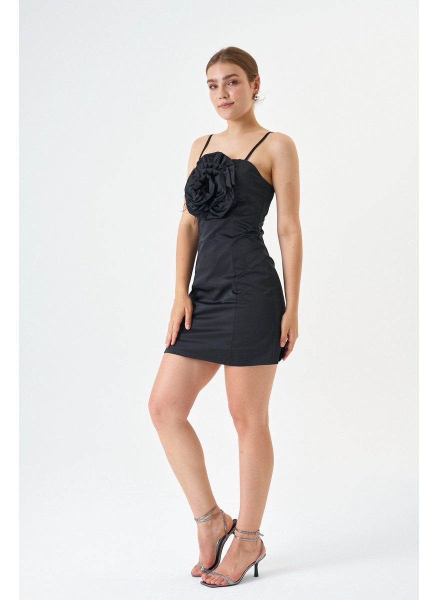 Cotton Satin Fabric Mini Length Rose Detailed Strap Evening Dress
