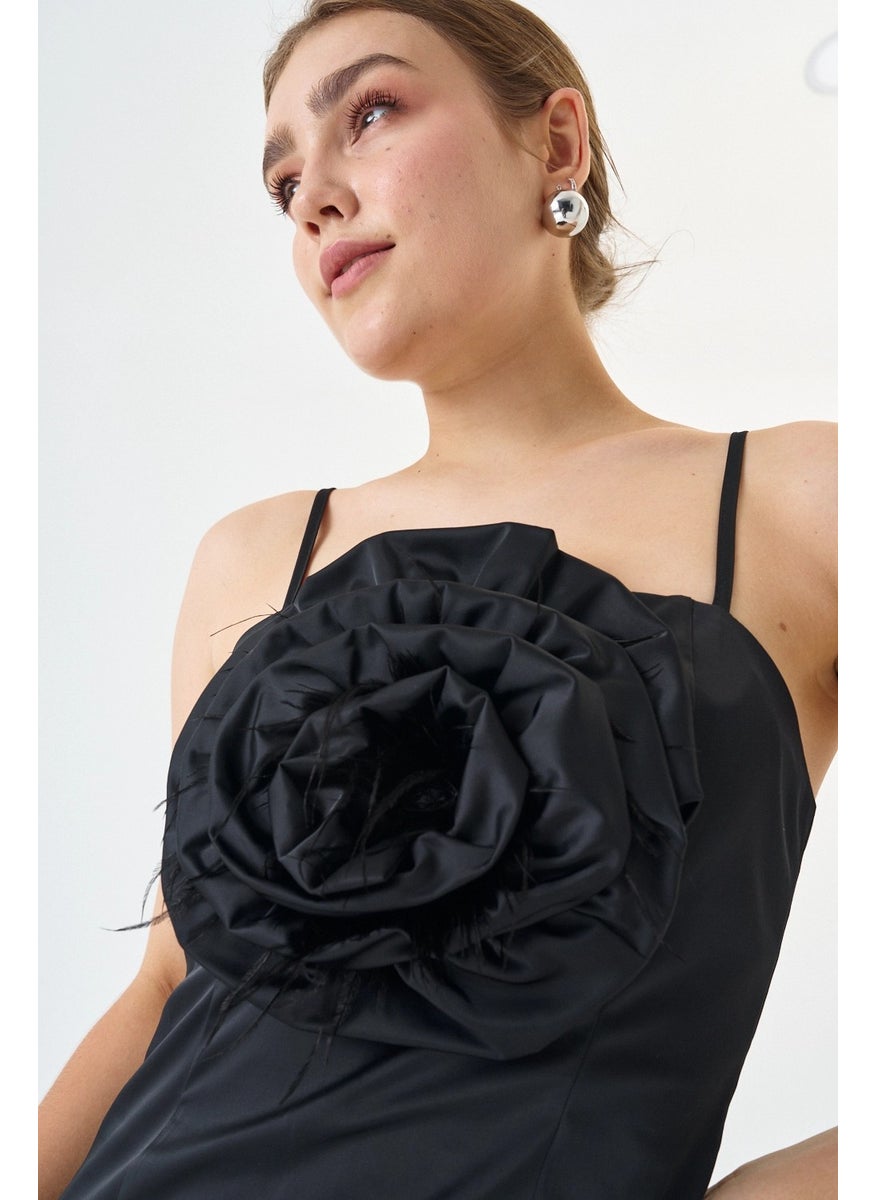 Cotton Satin Fabric Mini Length Rose Detailed Strap Evening Dress