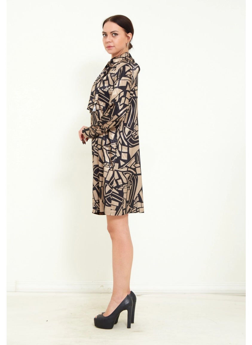 Women's Digital Pattern Print Detail Belted Shawl Collar Stylish Mini Dress