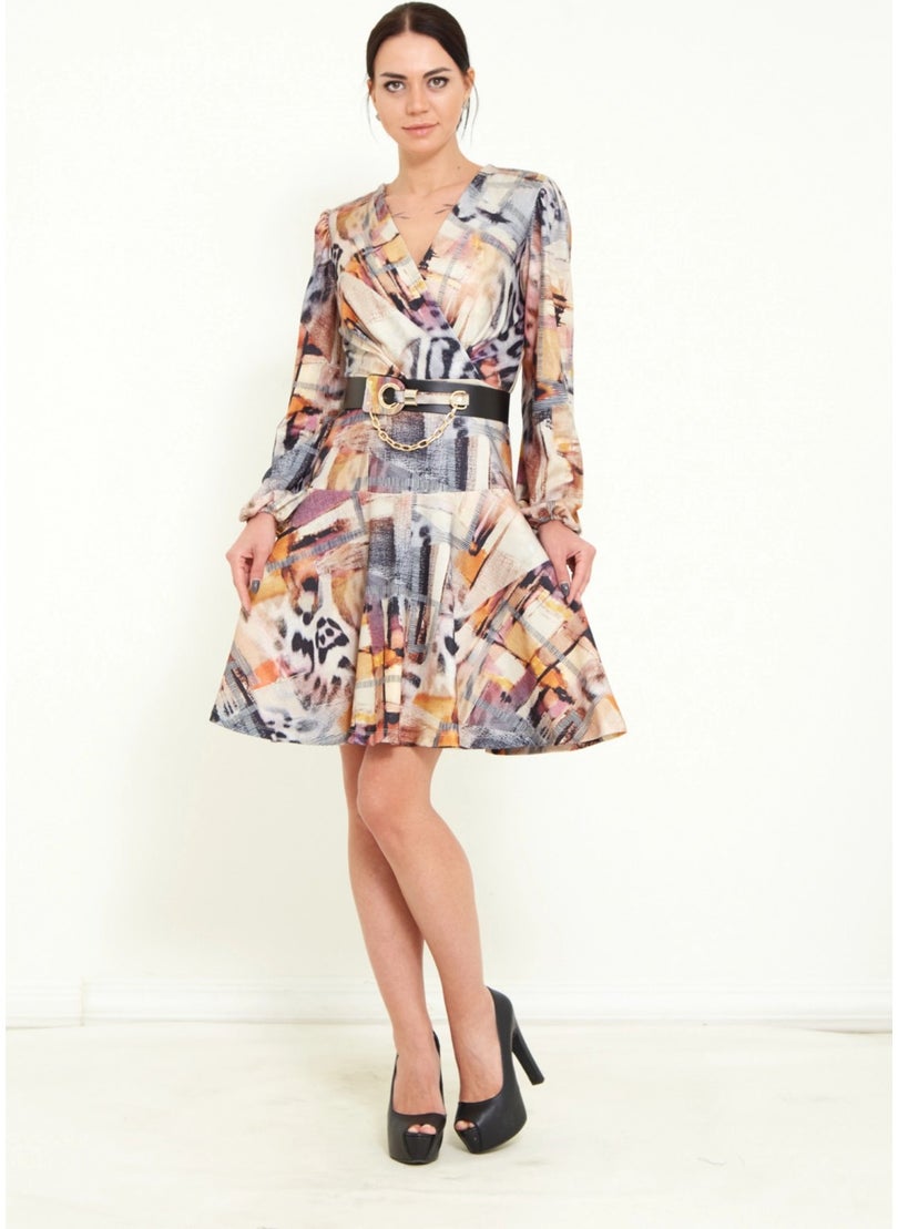 Women's Digital Print Pattern Detailed Belted Stylish Mini Dress