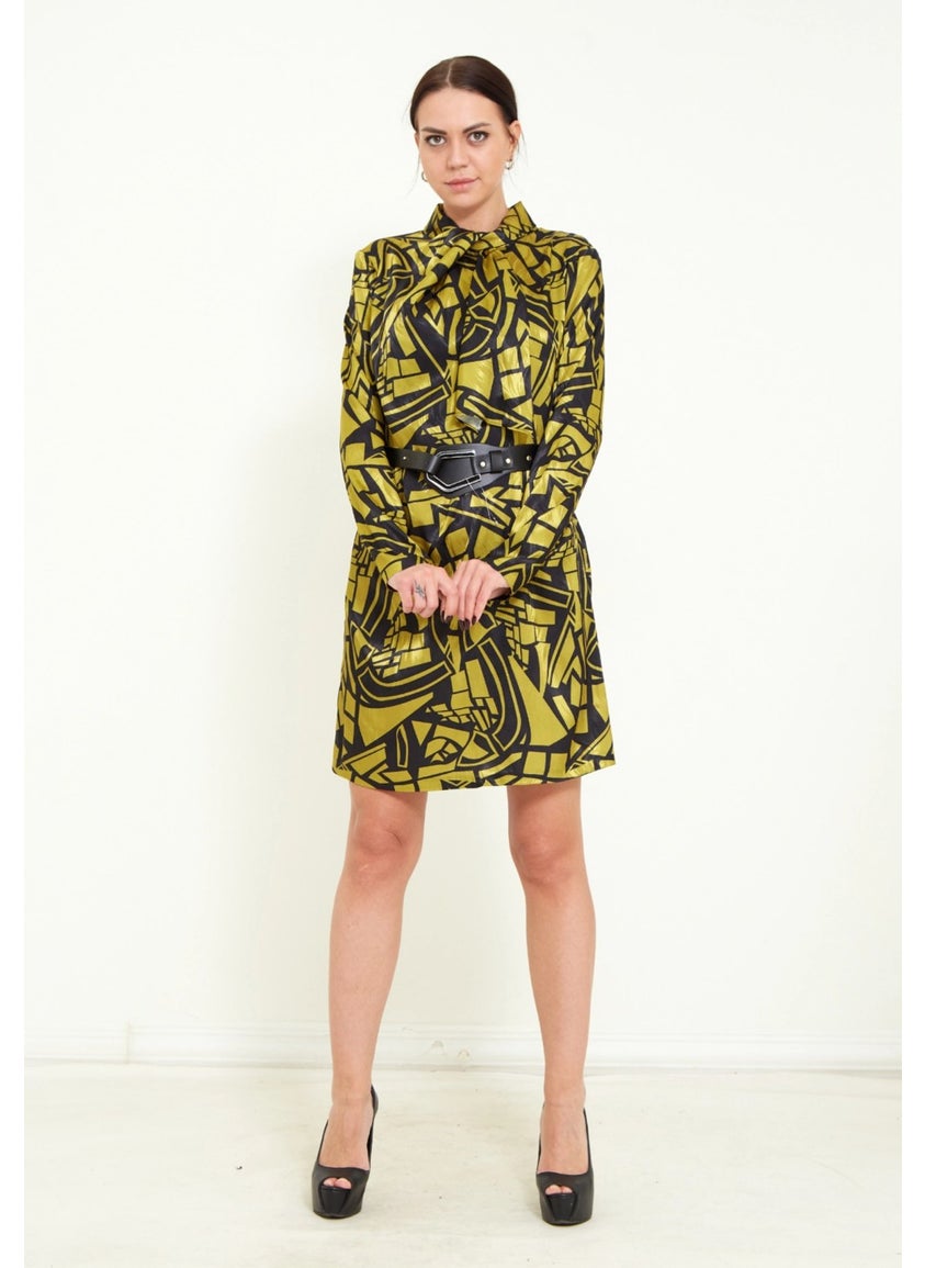 Women's Digital Pattern Print Detail Belted Shawl Collar Stylish Mini Dress
