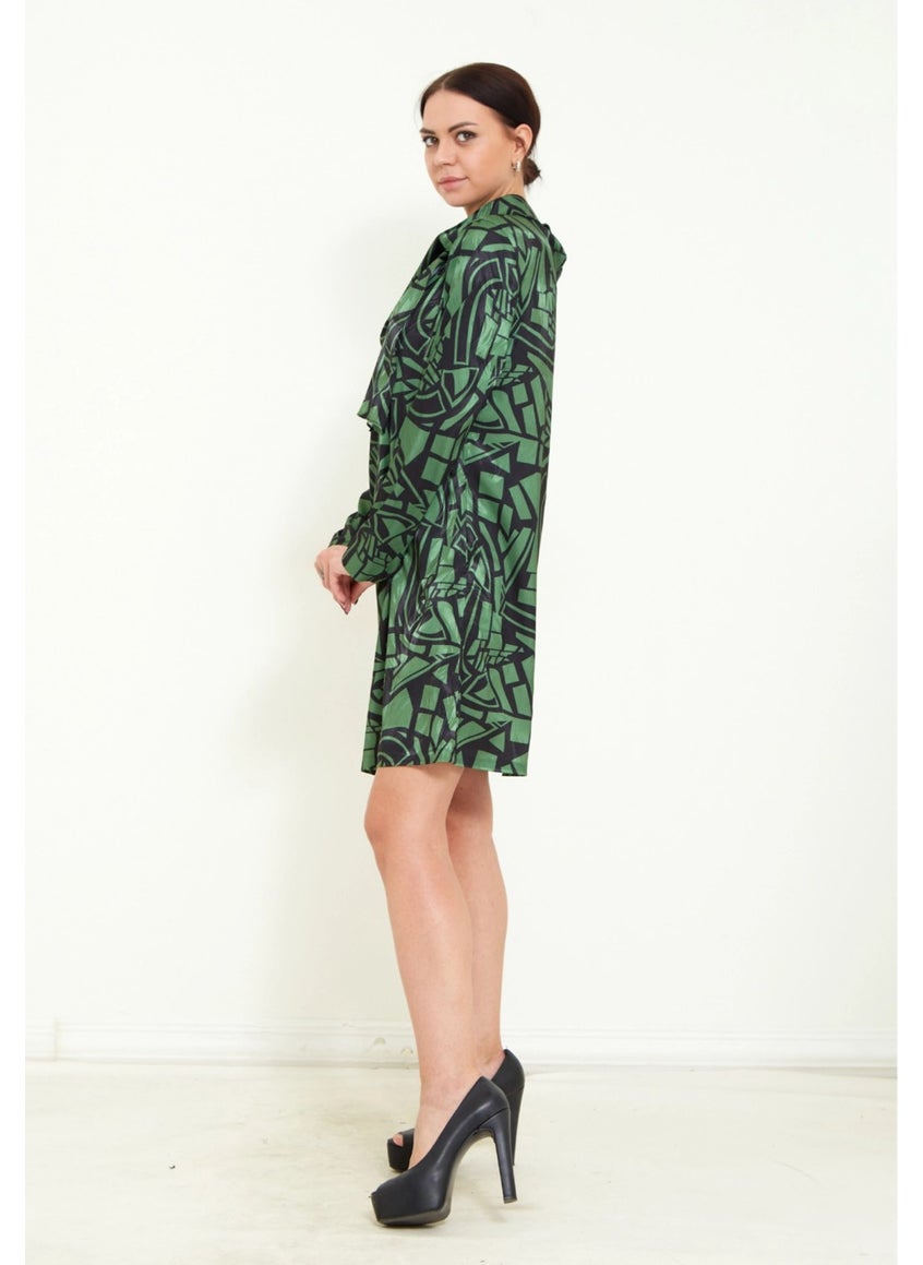 Women's Digital Pattern Print Detail Belted Shawl Collar Stylish Mini Dress