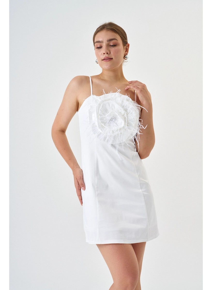Cotton Satin Fabric Mini Length Rose Detailed Strap Evening Dress