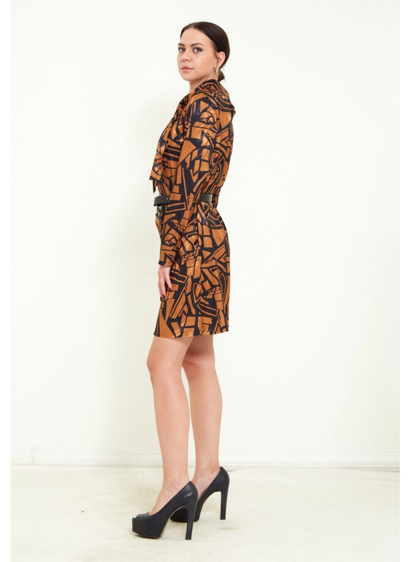 Women's Digital Pattern Print Detail Belted Shawl Collar Stylish Mini Dress