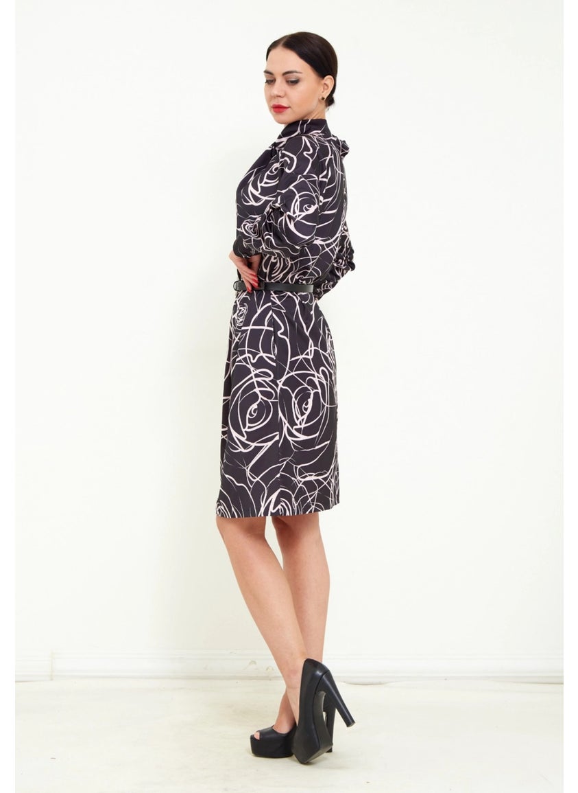 Women's Digital Pattern Print Detail Belted Shawl Collar Stylish Long Sleeve Mini Dress
