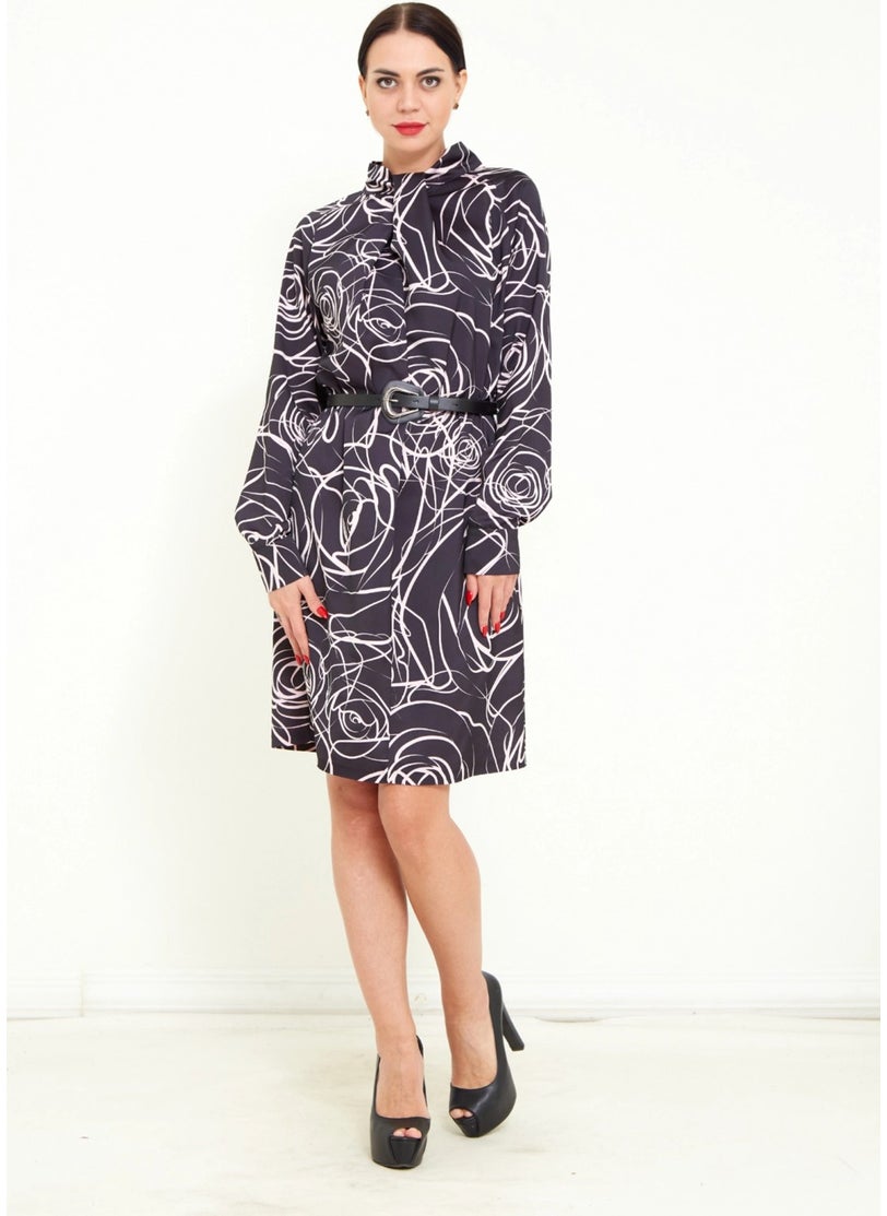 Women's Digital Pattern Print Detail Belted Shawl Collar Stylish Long Sleeve Mini Dress