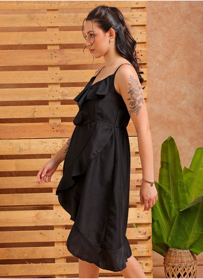 Women Fit and Flared Party Wear Solid Asymmetric Dress