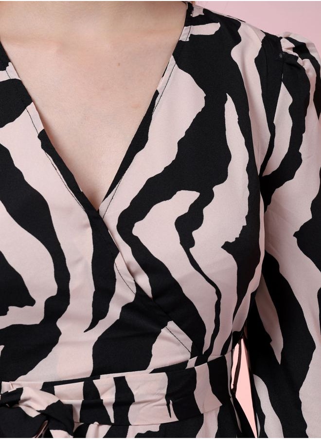 Women Fit and Flared Party Wear Animal Print Wrap Around Dress