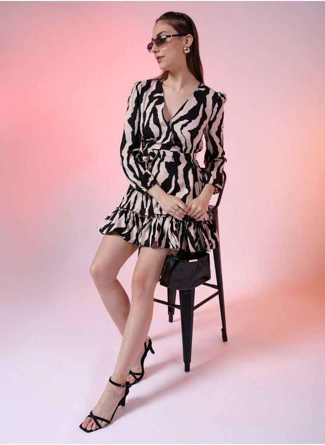 Women Fit and Flared Party Wear Animal Print Wrap Around Dress