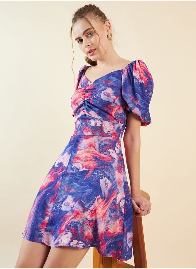 Women Fit and Flared Casual Marble Print Mini Dress