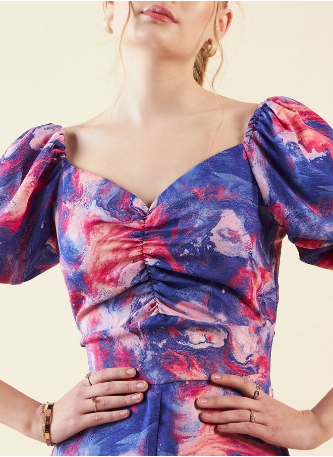Women Fit and Flared Casual Marble Print Mini Dress
