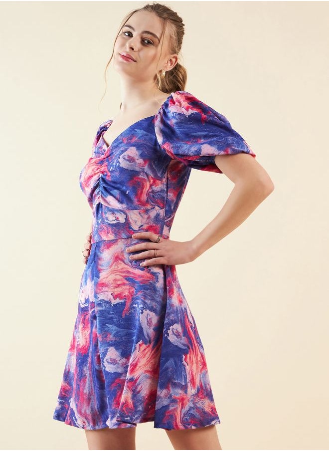 Women Fit and Flared Casual Marble Print Mini Dress